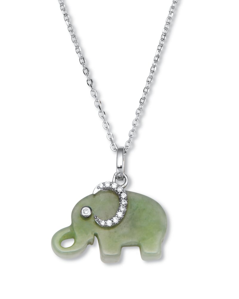 Front of a size One Size Genuine Green Jade CZ Silvertone Elephant Pendant Necklace, 18 inch Chain in Green by PalmBeach Jewelry. | dia_product_style_image_id:333057